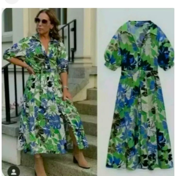 NWT Zara floral shirt dress with matching belt cotton size S - Picture 3 of 9